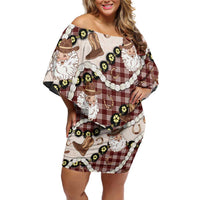 Cowboy Hawaii Mele Kalikimaka Family Matching Off Shoulder Short Dress and Hawaiian Shirt Paniolo Kukui Nut Pikake Lei Burgundy Version - Polynesian Pride