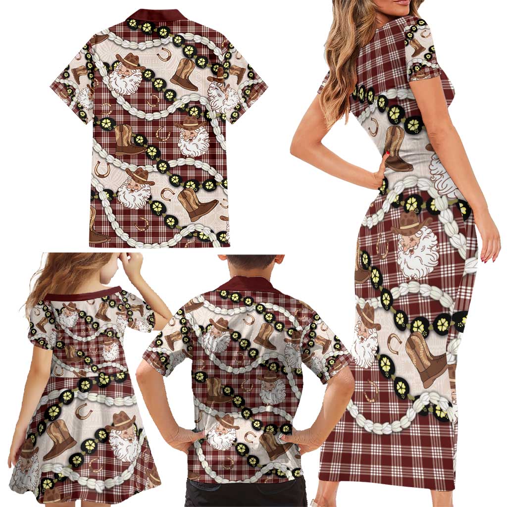 Cowboy Hawaii Mele Kalikimaka Family Matching Short Sleeve Bodycon Dress and Hawaiian Shirt Paniolo Kukui Nut Pikake Lei Burgundy Version - Polynesian Pride
