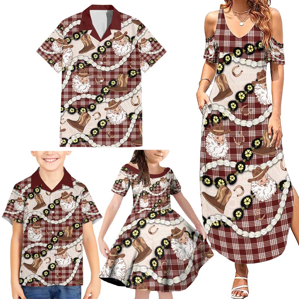 Cowboy Hawaii Mele Kalikimaka Family Matching Summer Maxi Dress and Hawaiian Shirt Paniolo Kukui Nut Pikake Lei Burgundy Version - Polynesian Pride