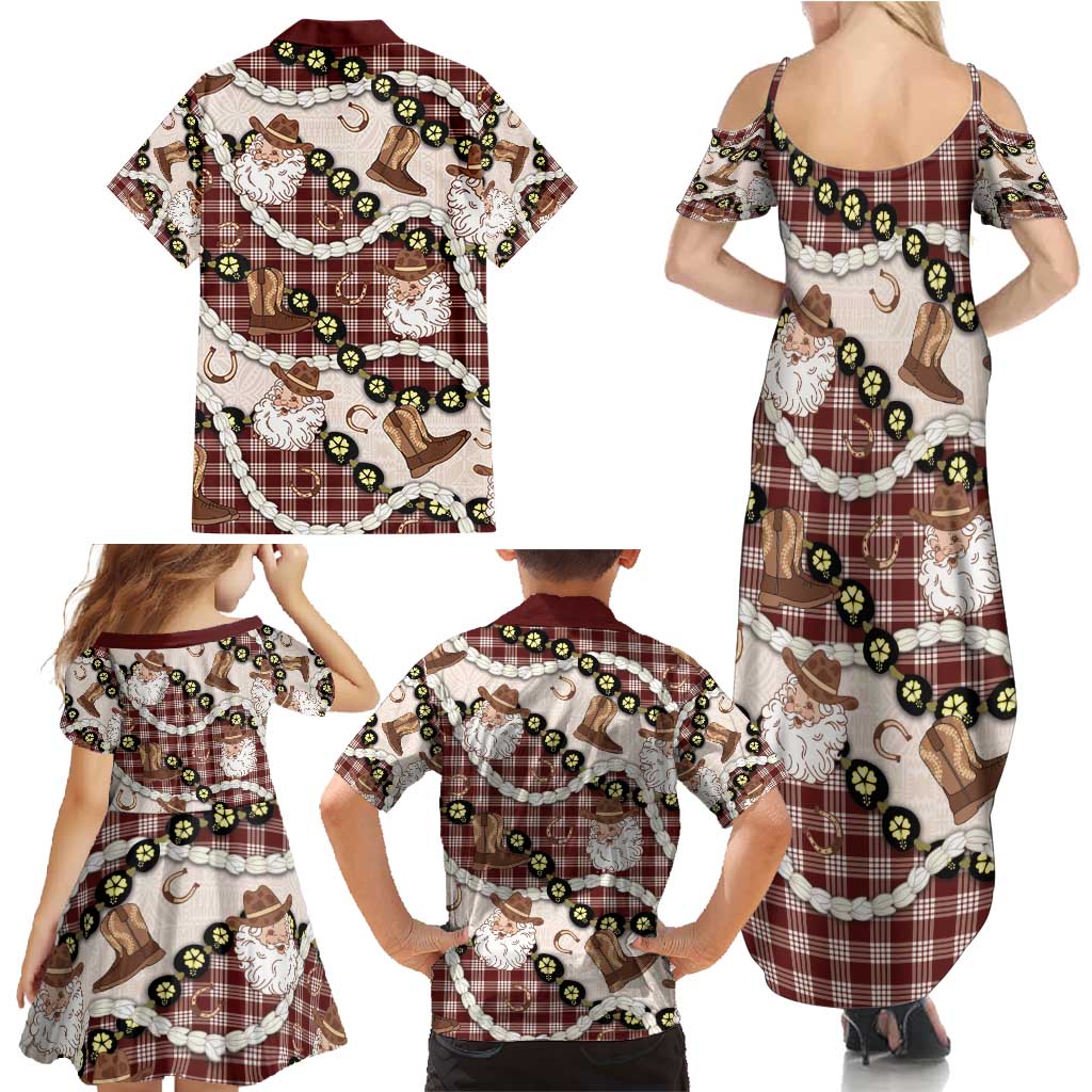 Cowboy Hawaii Mele Kalikimaka Family Matching Summer Maxi Dress and Hawaiian Shirt Paniolo Kukui Nut Pikake Lei Burgundy Version - Polynesian Pride