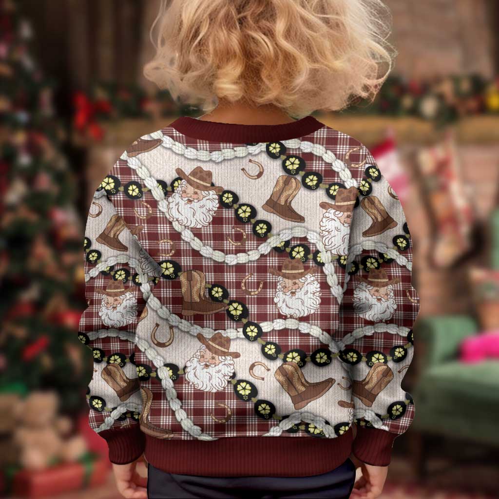 Cowboy Hawaii Mele Kalikimaka Kid Ugly Christmas Sweater Paniolo Kukui Nut Pikake Lei Burgundy Version - Polynesian Pride