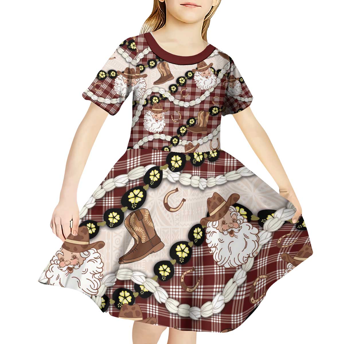 Cowboy Hawaii Mele Kalikimaka Kid Short Sleeve Dress Paniolo Kukui Nut Pikake Lei Burgundy Version - Polynesian Pride
