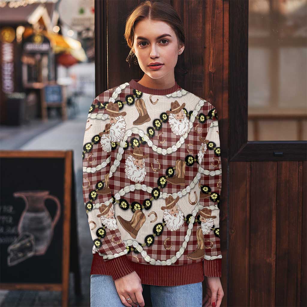 Cowboy Hawaii Mele Kalikimaka Ugly Christmas Sweater Paniolo Kukui Nut Pikake Lei Burgundy Version - Polynesian Pride