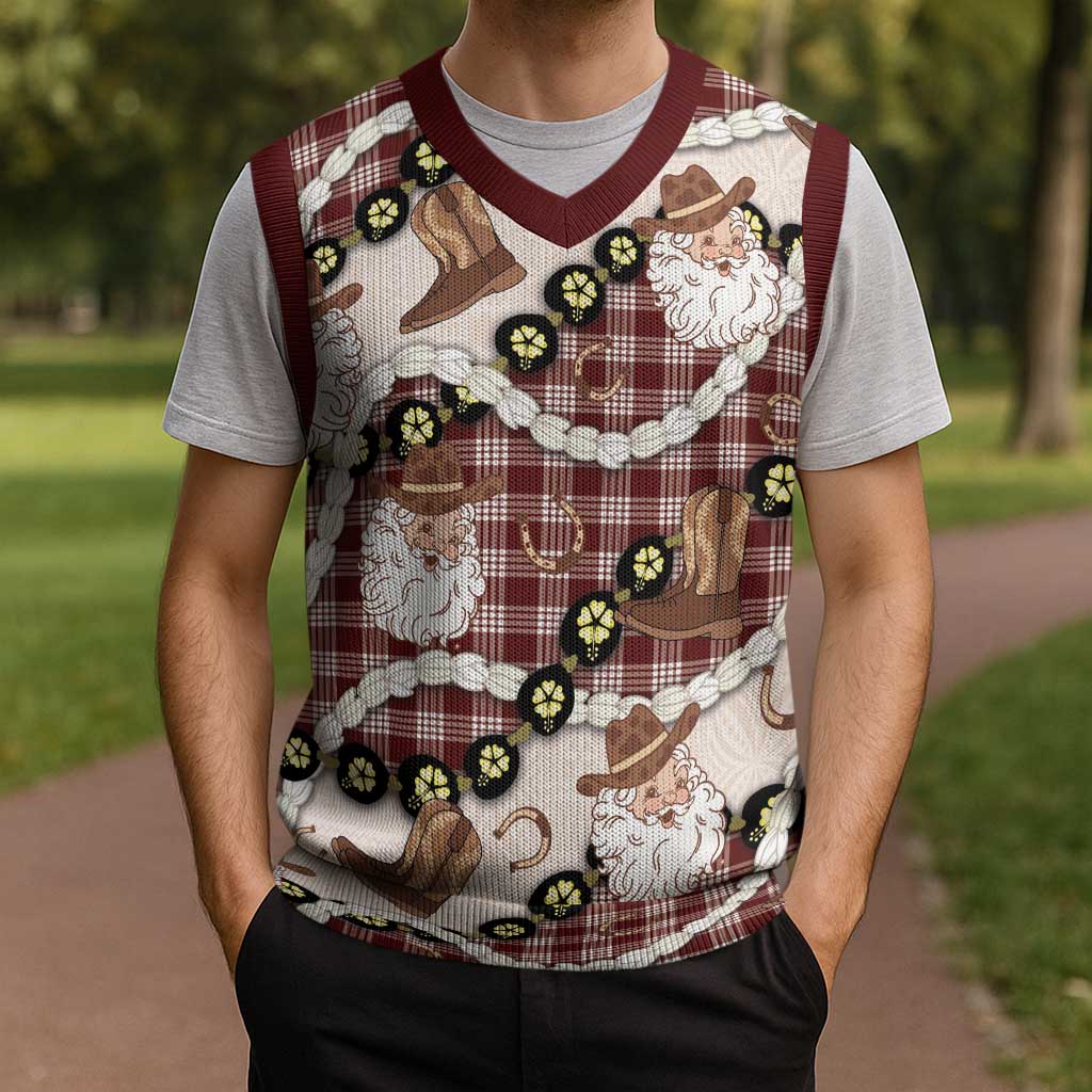 Cowboy Hawaii Mele Kalikimaka Christmas Knitted V-Neck Vest Paniolo Kukui Nut Pikake Lei Burgundy Version - Polynesian Pride