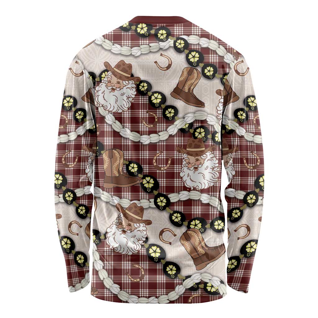 Cowboy Hawaii Mele Kalikimaka Long Sleeve Shirt Paniolo Kukui Nut Pikake Lei Burgundy Version - Polynesian Pride