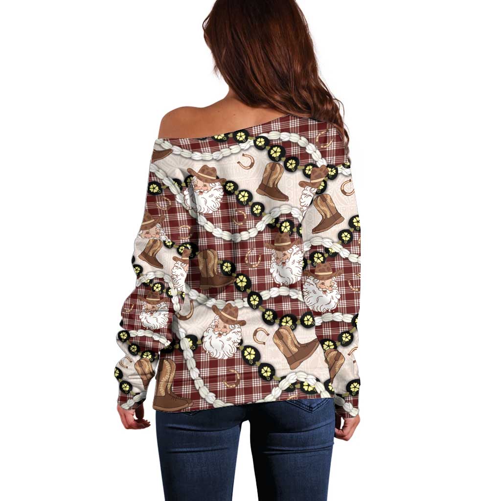 Cowboy Hawaii Mele Kalikimaka Off Shoulder Sweater Paniolo Kukui Nut Pikake Lei Burgundy Version - Polynesian Pride