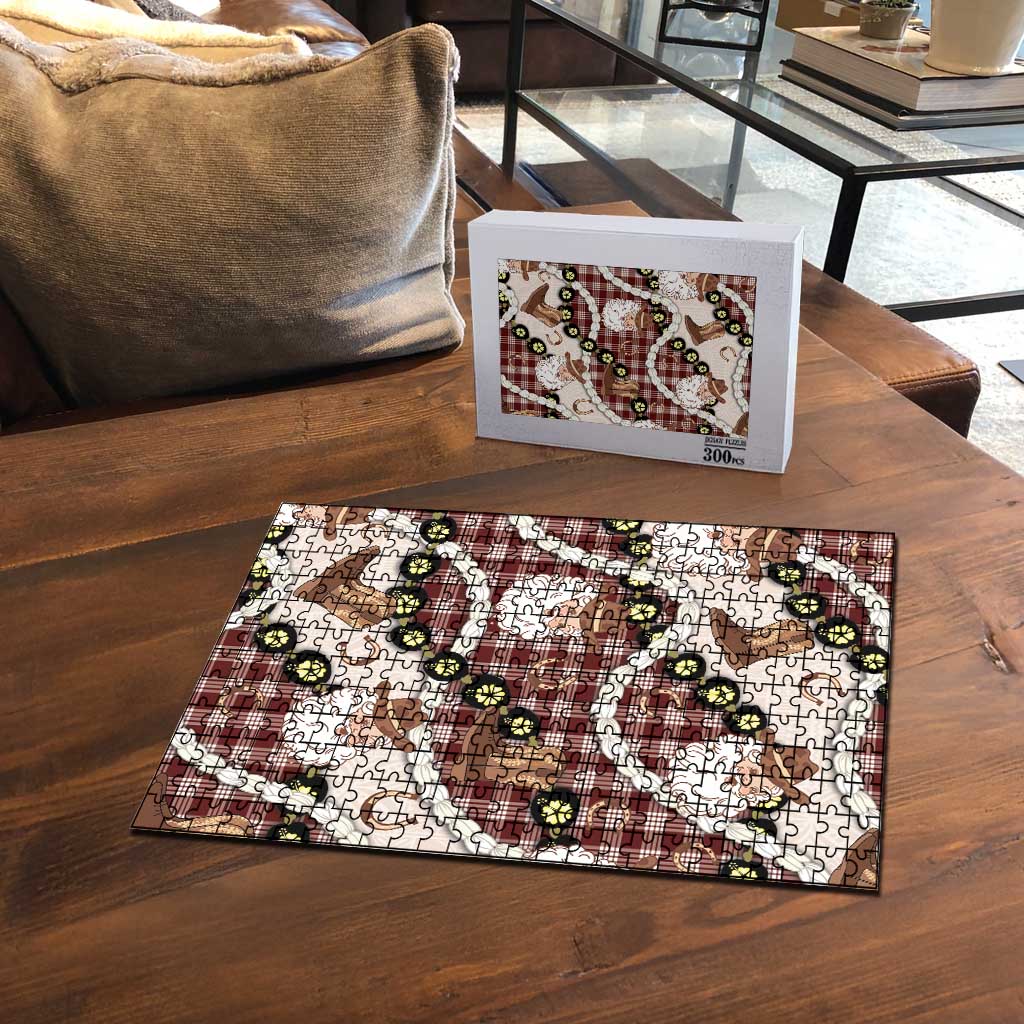 Cowboy Hawaii Mele Kalikimaka Puzzle Paniolo Kukui Nut Pikake Lei Burgundy Version - Polynesian Pride