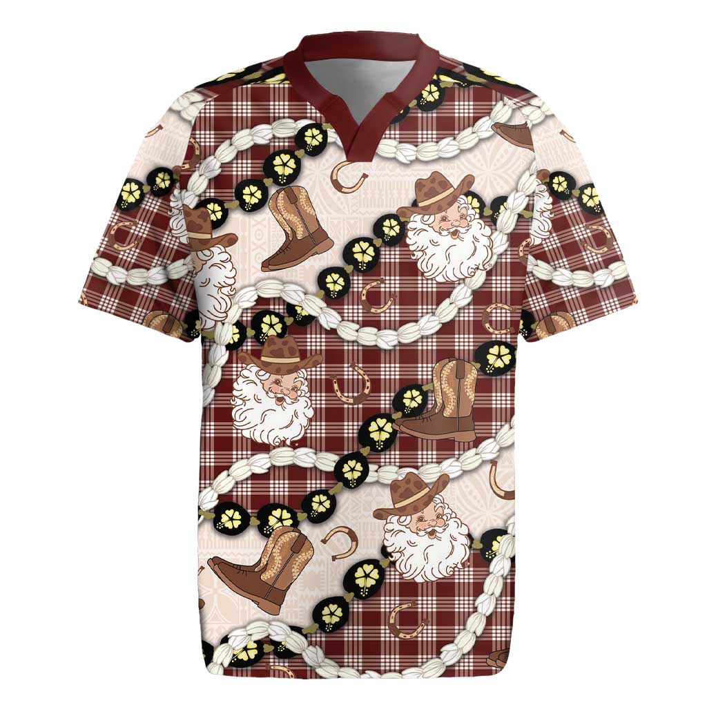 Cowboy Hawaii Mele Kalikimaka Rugby Jersey Paniolo Kukui Nut Pikake Lei Burgundy Version - Polynesian Pride