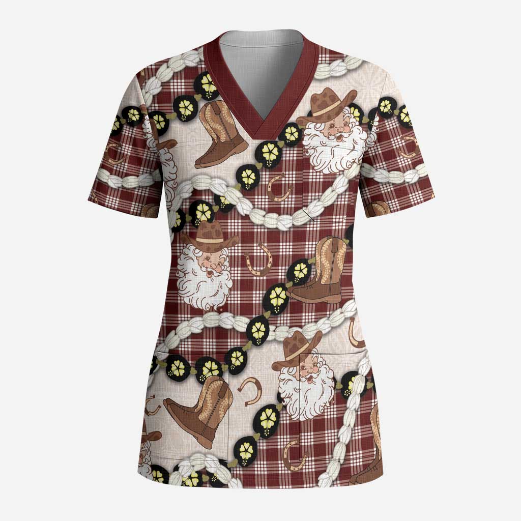 Cowboy Hawaii Mele Kalikimaka Scrub Top Paniolo Kukui Nut Pikake Lei Burgundy Version LT14 Adult Burgundy - Polynesian Pride