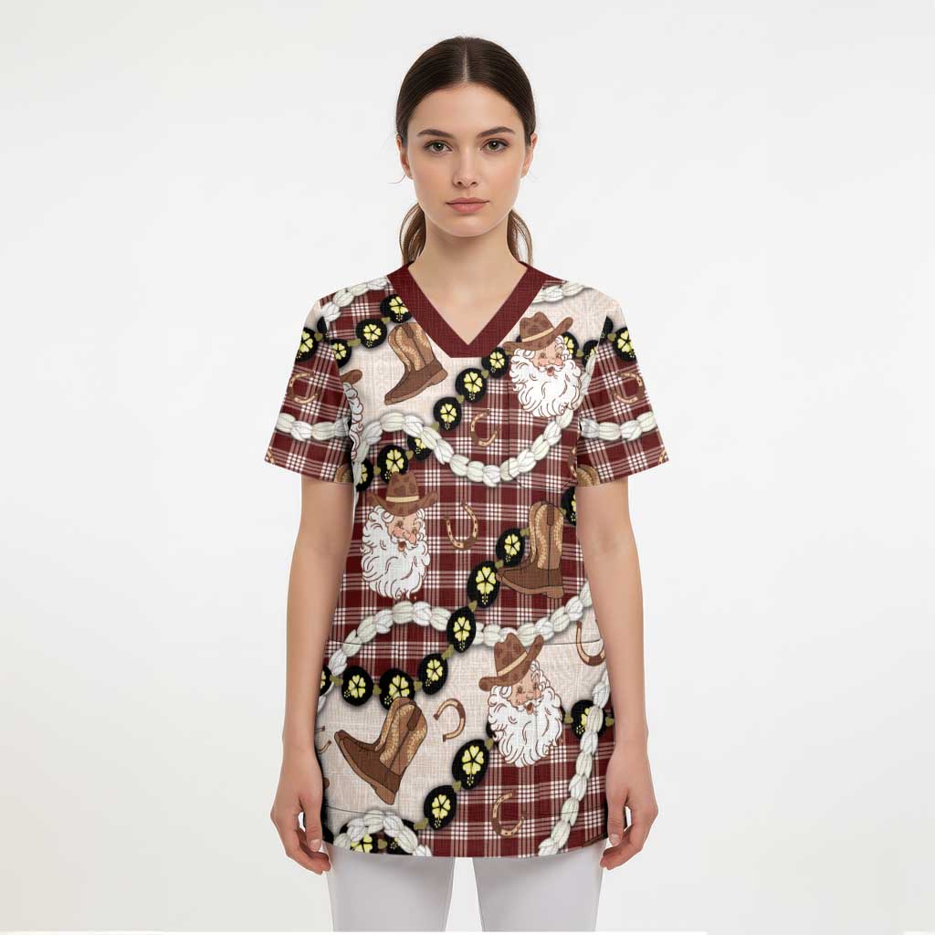 Cowboy Hawaii Mele Kalikimaka Scrub Top Paniolo Kukui Nut Pikake Lei Burgundy Version - Polynesian Pride
