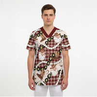 Cowboy Hawaii Mele Kalikimaka Scrub Top Paniolo Kukui Nut Pikake Lei Burgundy Version - Polynesian Pride