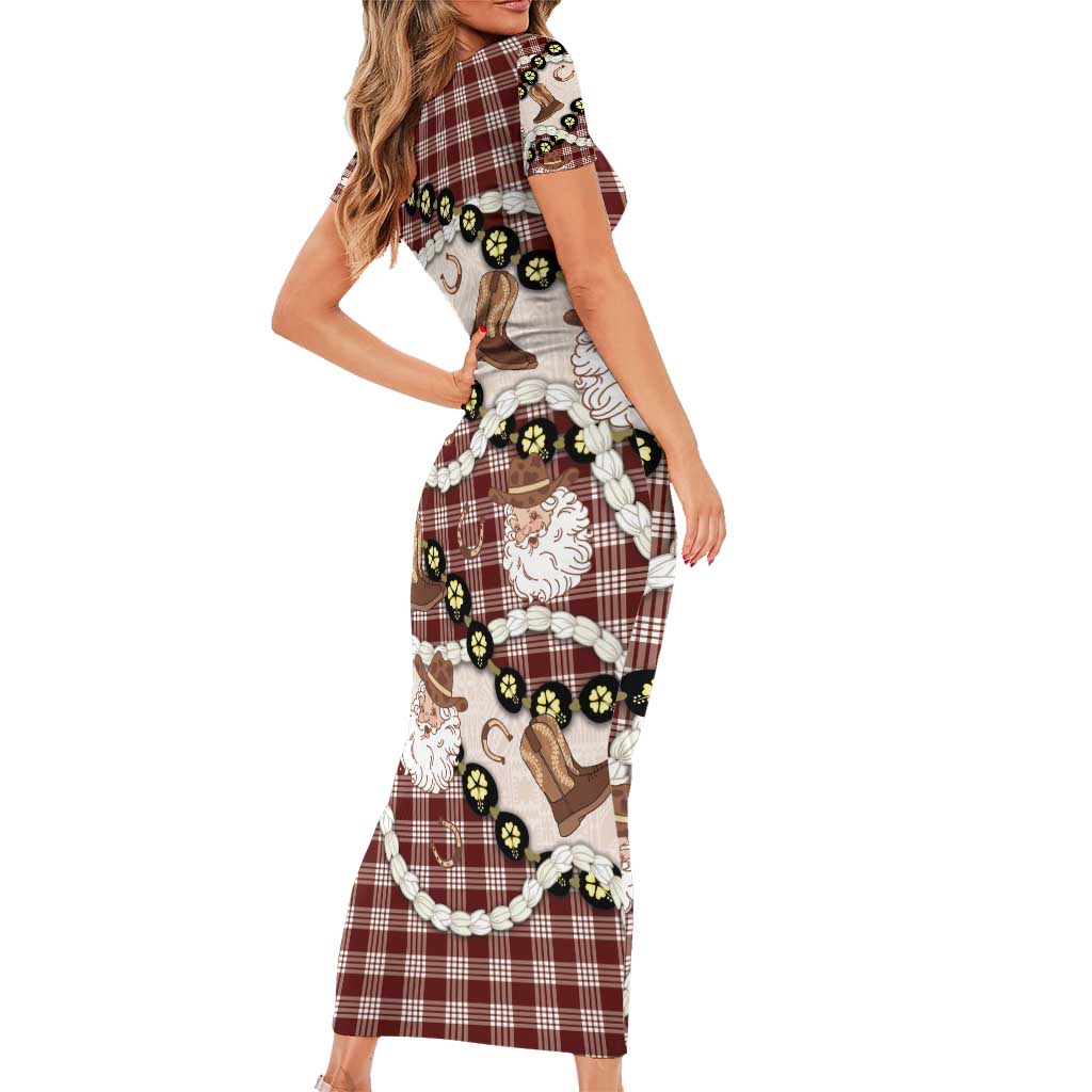 Cowboy Hawaii Mele Kalikimaka Short Sleeve Bodycon Dress Paniolo Kukui Nut Pikake Lei Burgundy Version - Polynesian Pride