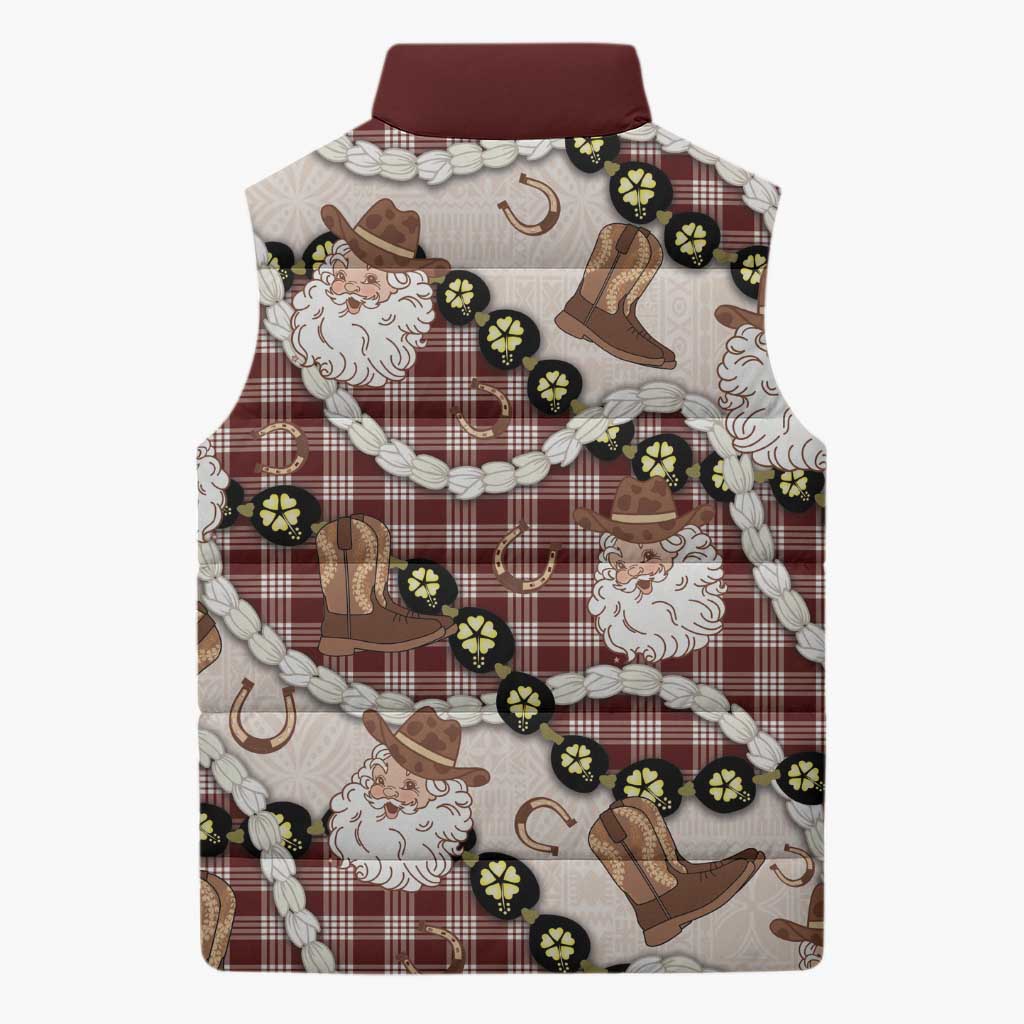 Cowboy Hawaii Mele Kalikimaka Sleeveless Puffer Jacket Paniolo Kukui Nut Pikake Lei Burgundy Version - Polynesian Pride