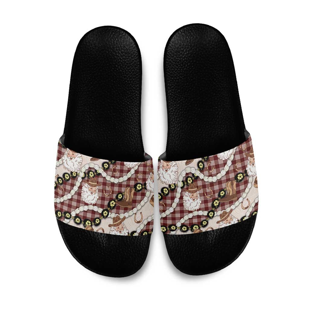 Cowboy Hawaii Mele Kalikimaka Slide Sandals Paniolo Kukui Nut Pikake Lei Burgundy Version - Polynesian Pride