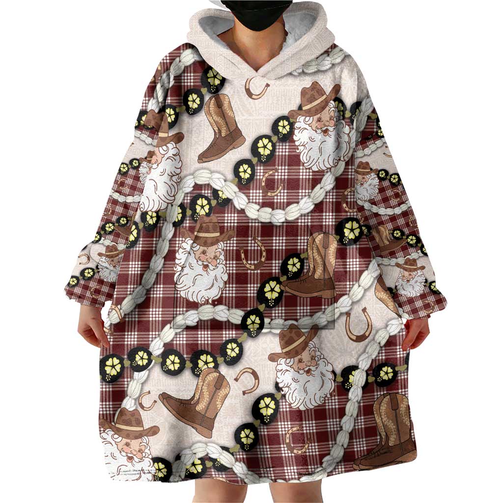 Cowboy Hawaii Mele Kalikimaka Wearable Blanket Hoodie Paniolo Kukui Nut Pikake Lei Burgundy Version - Polynesian Pride
