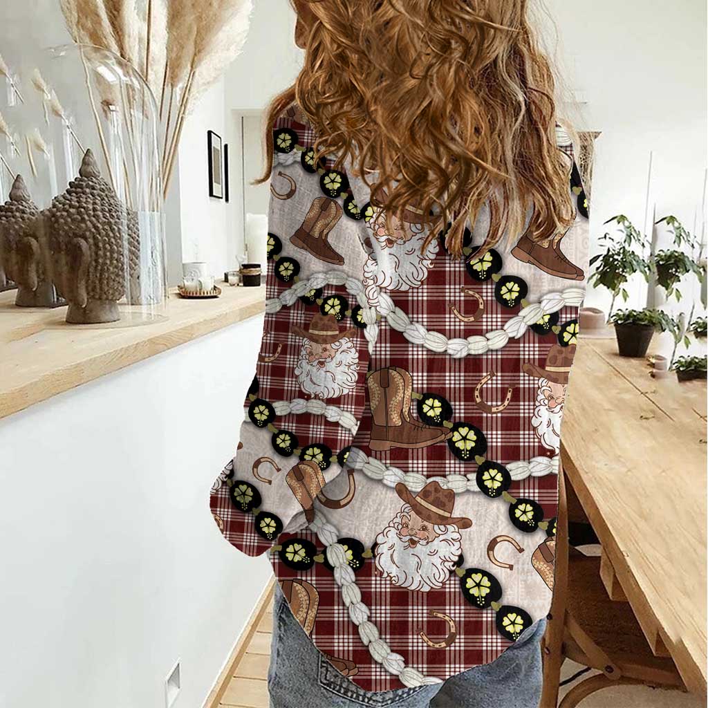 Cowboy Hawaii Mele Kalikimaka Women Casual Shirt Paniolo Kukui Nut Pikake Lei Burgundy Version - Polynesian Pride