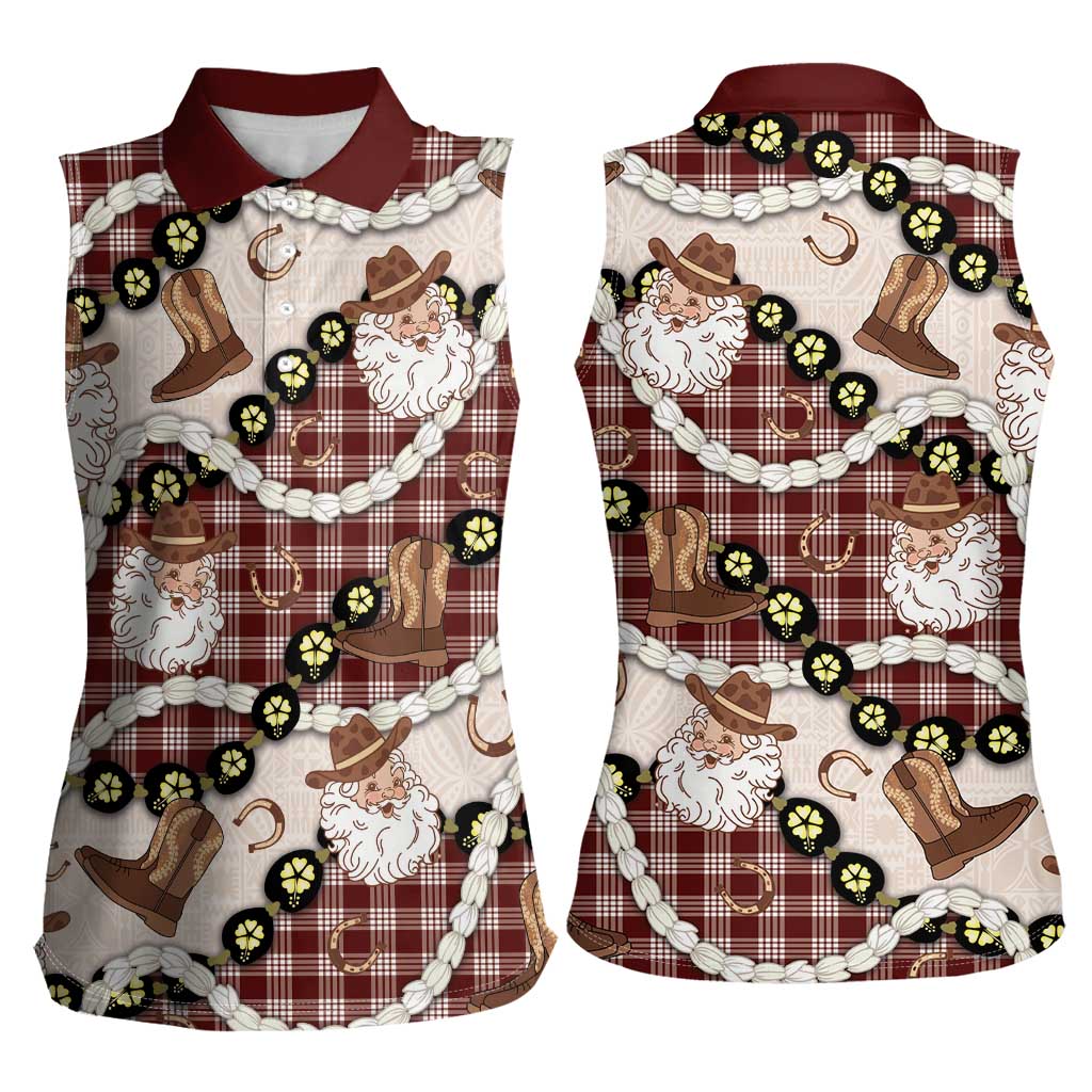 Cowboy Hawaii Mele Kalikimaka Women Sleeveless Polo Shirt Paniolo Kukui Nut Pikake Lei Burgundy Version - Polynesian Pride