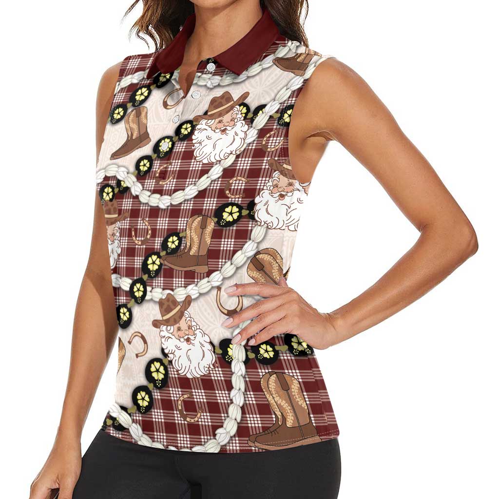 Cowboy Hawaii Mele Kalikimaka Women Sleeveless Polo Shirt Paniolo Kukui Nut Pikake Lei Burgundy Version - Polynesian Pride