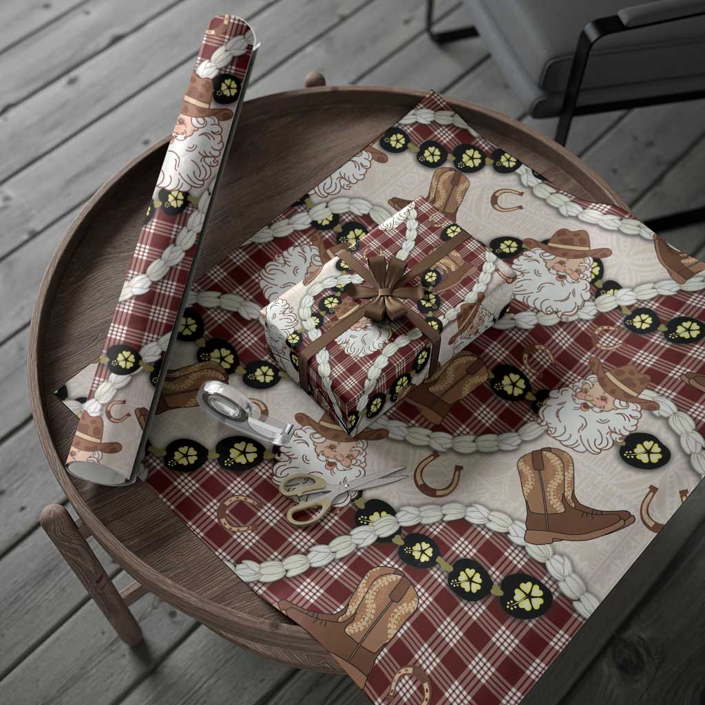 Cowboy Hawaii Mele Kalikimaka Wrapping Paper Paniolo Kukui Nut Pikake Lei Burgundy Version - Polynesian Pride