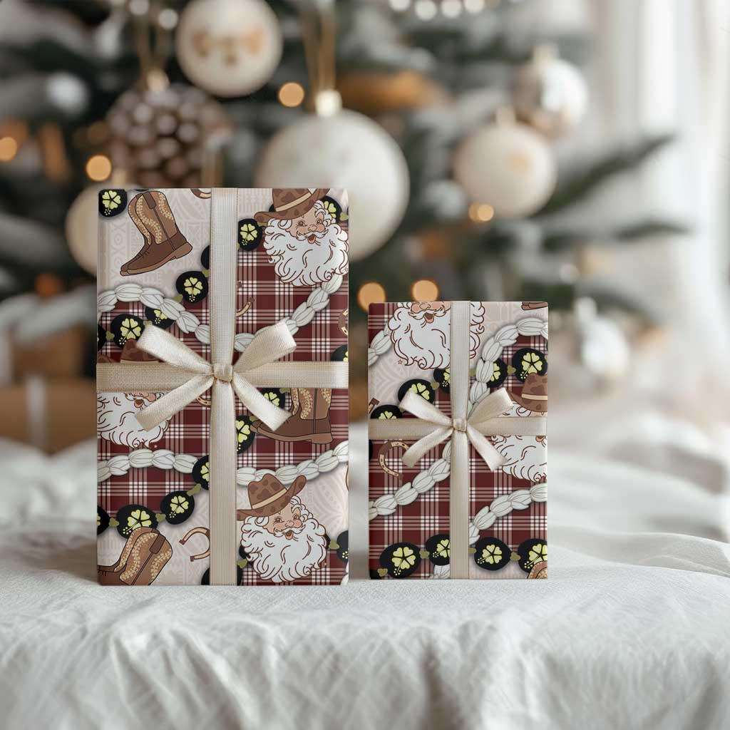 Cowboy Hawaii Mele Kalikimaka Wrapping Paper Paniolo Kukui Nut Pikake Lei Burgundy Version - Polynesian Pride