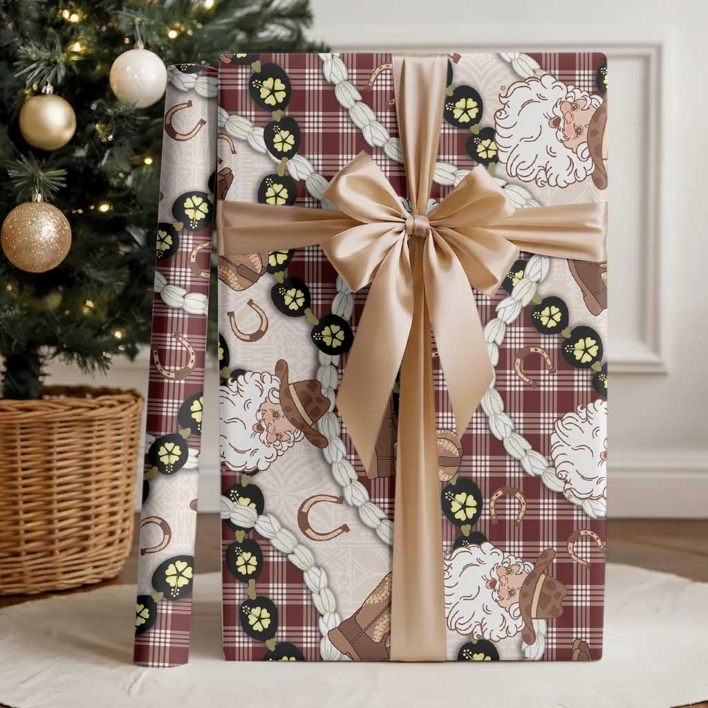Cowboy Hawaii Mele Kalikimaka Wrapping Paper Paniolo Kukui Nut Pikake Lei Burgundy Version - Polynesian Pride