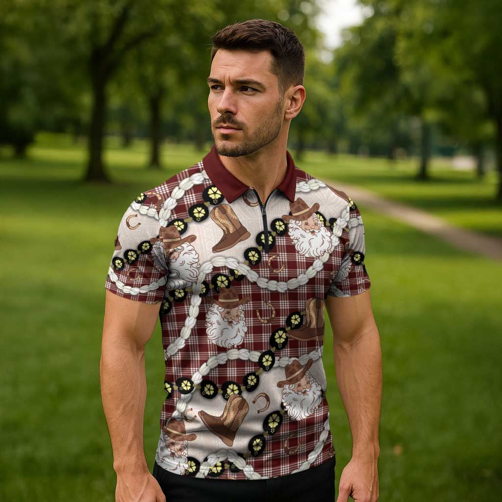 Cowboy Hawaii Mele Kalikimaka Zipper Polo Shirt Paniolo Kukui Nut Pikake Lei Burgundy Version - Polynesian Pride