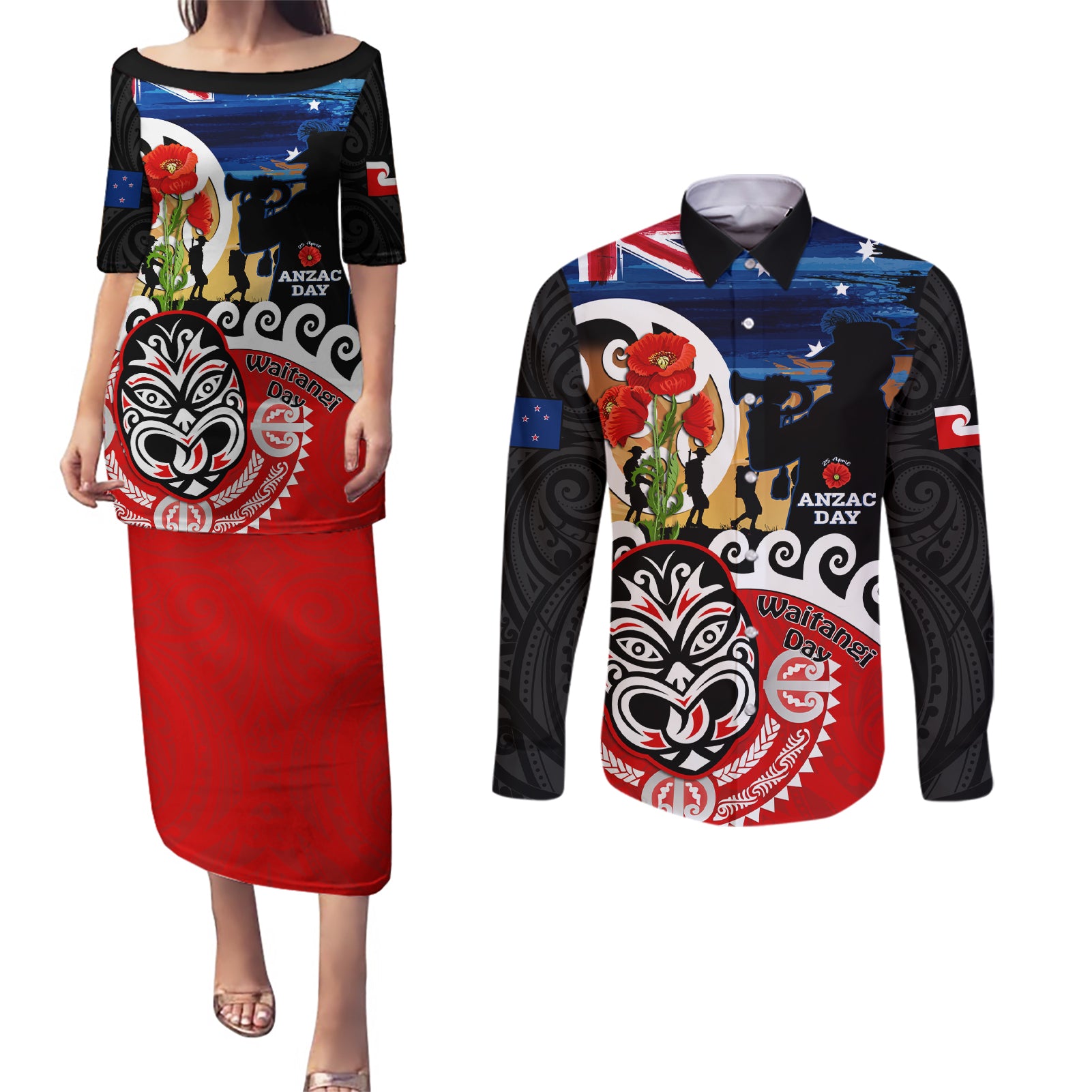 New Zealand Waitangi And ANZAC Day Couples Matching Puletasi and Long Sleeve Button Shirt Aotearoa Maori Tiki With Last Post LT14 Black - Polynesian Pride