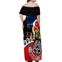 New Zealand Waitangi And ANZAC Day Off Shoulder Maxi Dress Aotearoa Maori Tiki With Last Post LT14 - Polynesian Pride