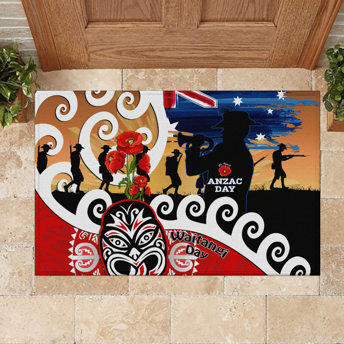 New Zealand Waitangi And ANZAC Day Rubber Doormat Aotearoa Maori Tiki With Last Post