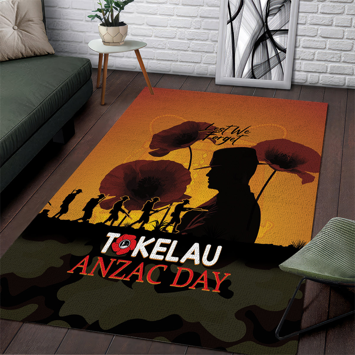 Tokelau ANZAC Day Area Rug Camouflage With Poppies Lest We Forget LT14 Yellow - Polynesian Pride