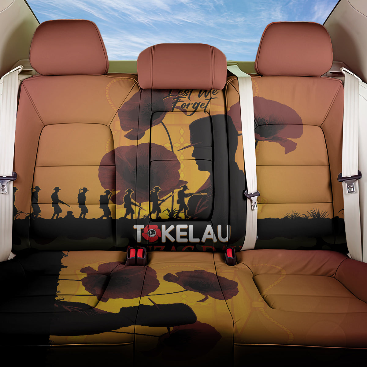 Tokelau ANZAC Day Back Car Seat Cover Camouflage With Poppies Lest We Forget LT14