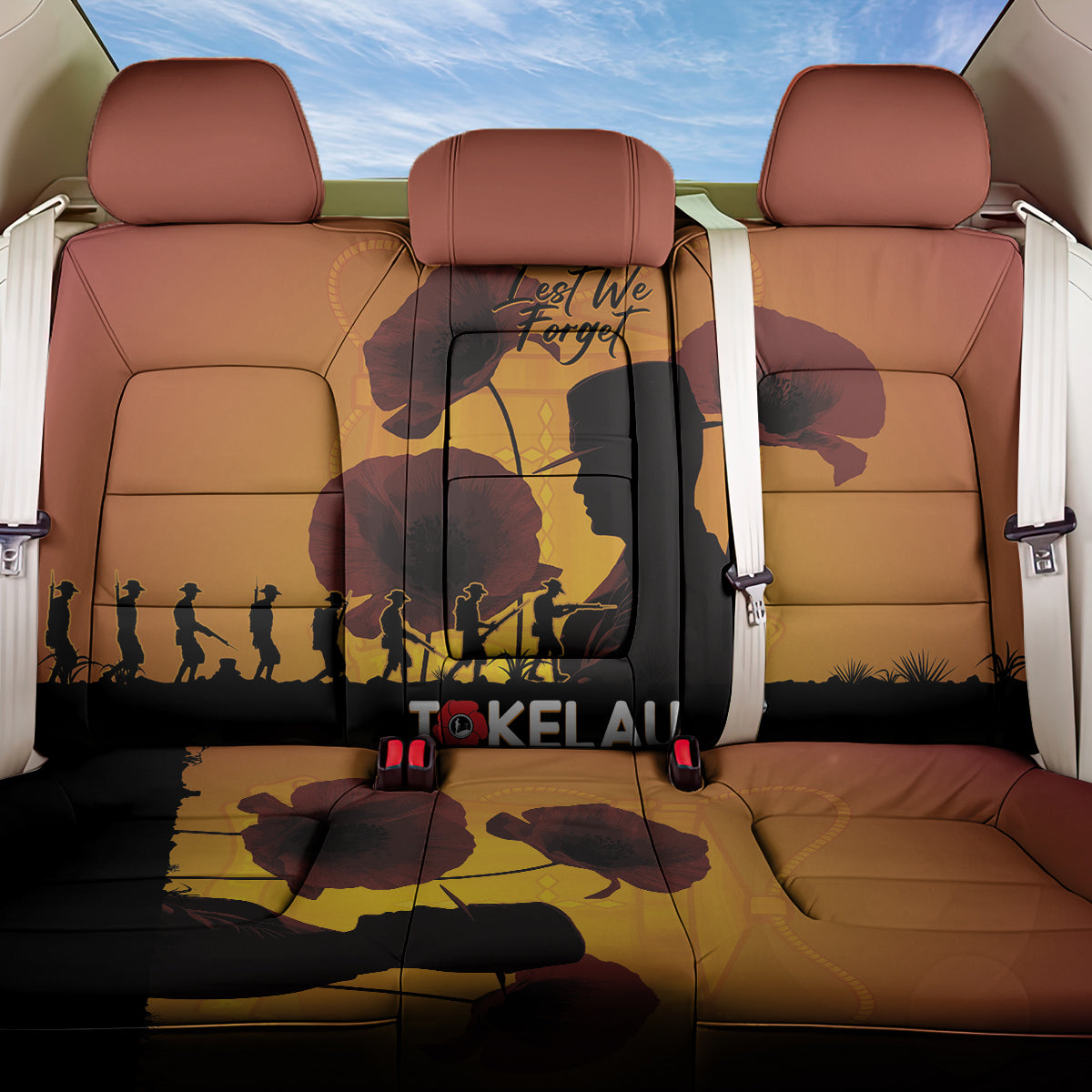 Tokelau ANZAC Day Back Car Seat Cover Camouflage With Poppies Lest We Forget LT14 One Size Yellow - Polynesian Pride