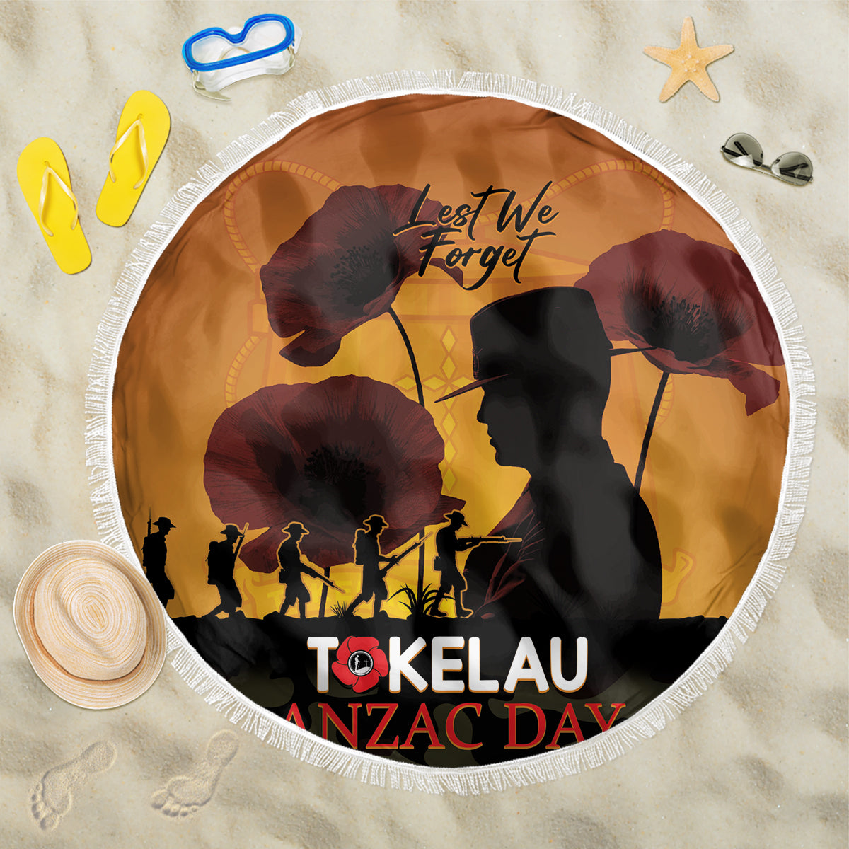 Tokelau ANZAC Day Beach Blanket Camouflage With Poppies Lest We Forget LT14 One Size 150cm Yellow - Polynesian Pride