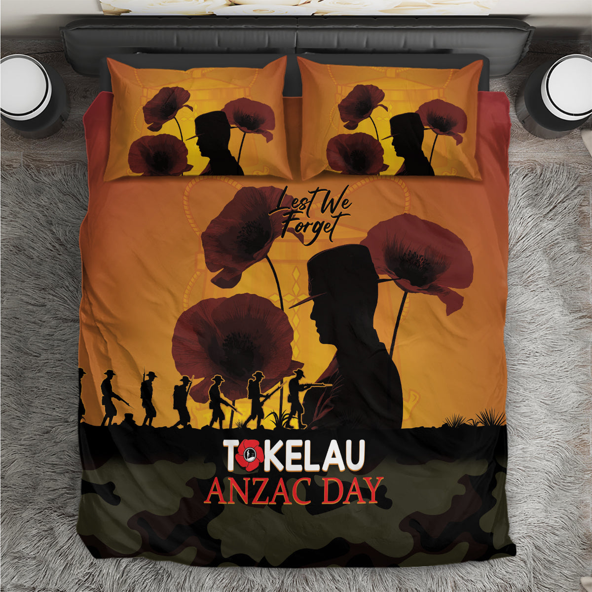 Tokelau ANZAC Day Bedding Set Camouflage With Poppies Lest We Forget LT14 Yellow - Polynesian Pride