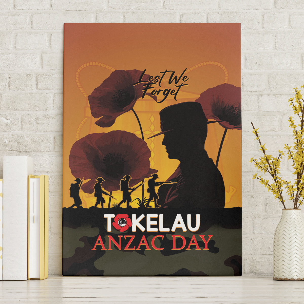 Tokelau ANZAC Day Canvas Wall Art Camouflage With Poppies Lest We Forget LT14 Yellow - Polynesian Pride
