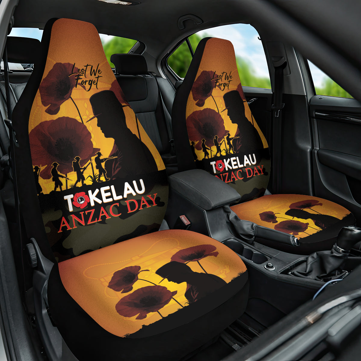 Tokelau ANZAC Day Car Seat Cover Camouflage With Poppies Lest We Forget LT14 One Size Yellow - Polynesian Pride