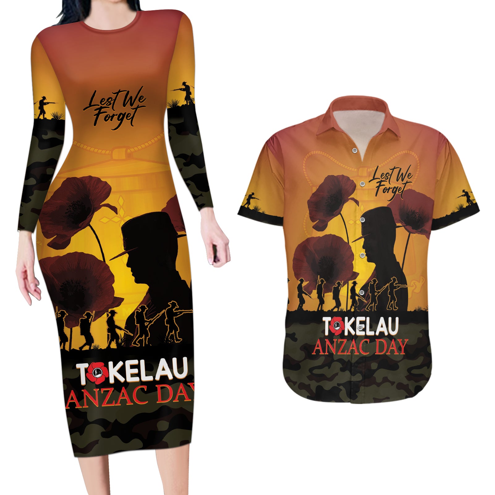 Tokelau ANZAC Day Couples Matching Long Sleeve Bodycon Dress and Hawaiian Shirt Camouflage With Poppies Lest We Forget LT14 Yellow - Polynesian Pride