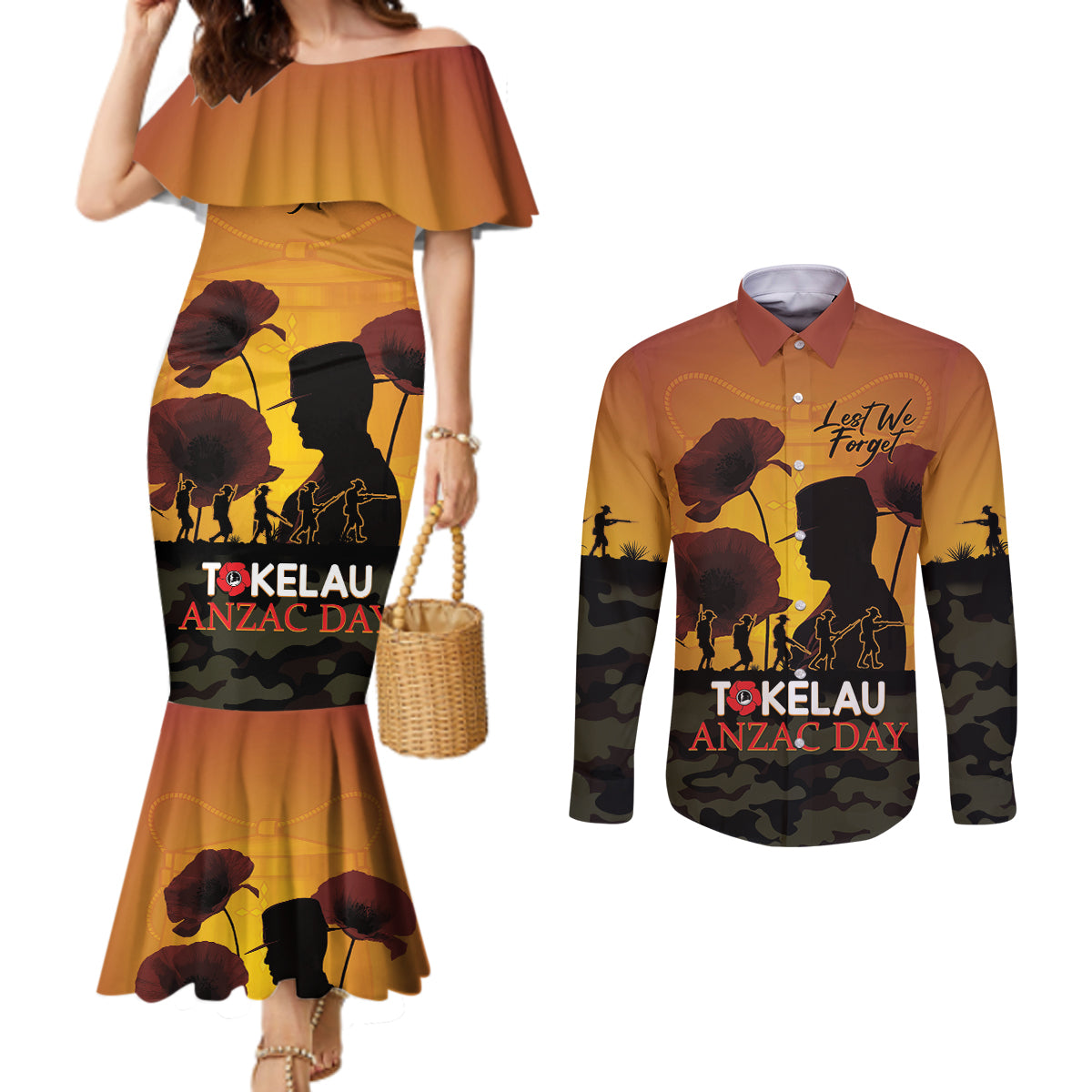 Tokelau ANZAC Day Couples Matching Mermaid Dress and Long Sleeve Button Shirt Camouflage With Poppies Lest We Forget LT14 Yellow - Polynesian Pride