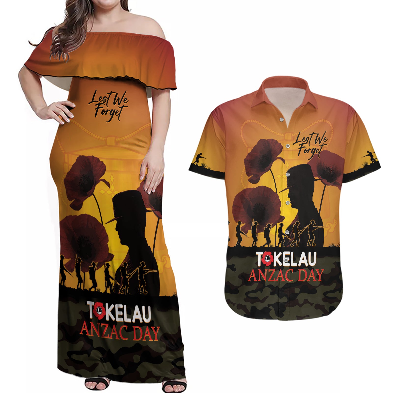 Tokelau ANZAC Day Couples Matching Off Shoulder Maxi Dress and Hawaiian Shirt Camouflage With Poppies Lest We Forget LT14 Yellow - Polynesian Pride