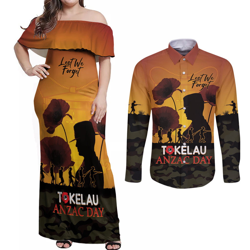 Tokelau ANZAC Day Couples Matching Off Shoulder Maxi Dress and Long Sleeve Button Shirt Camouflage With Poppies Lest We Forget LT14 Yellow - Polynesian Pride