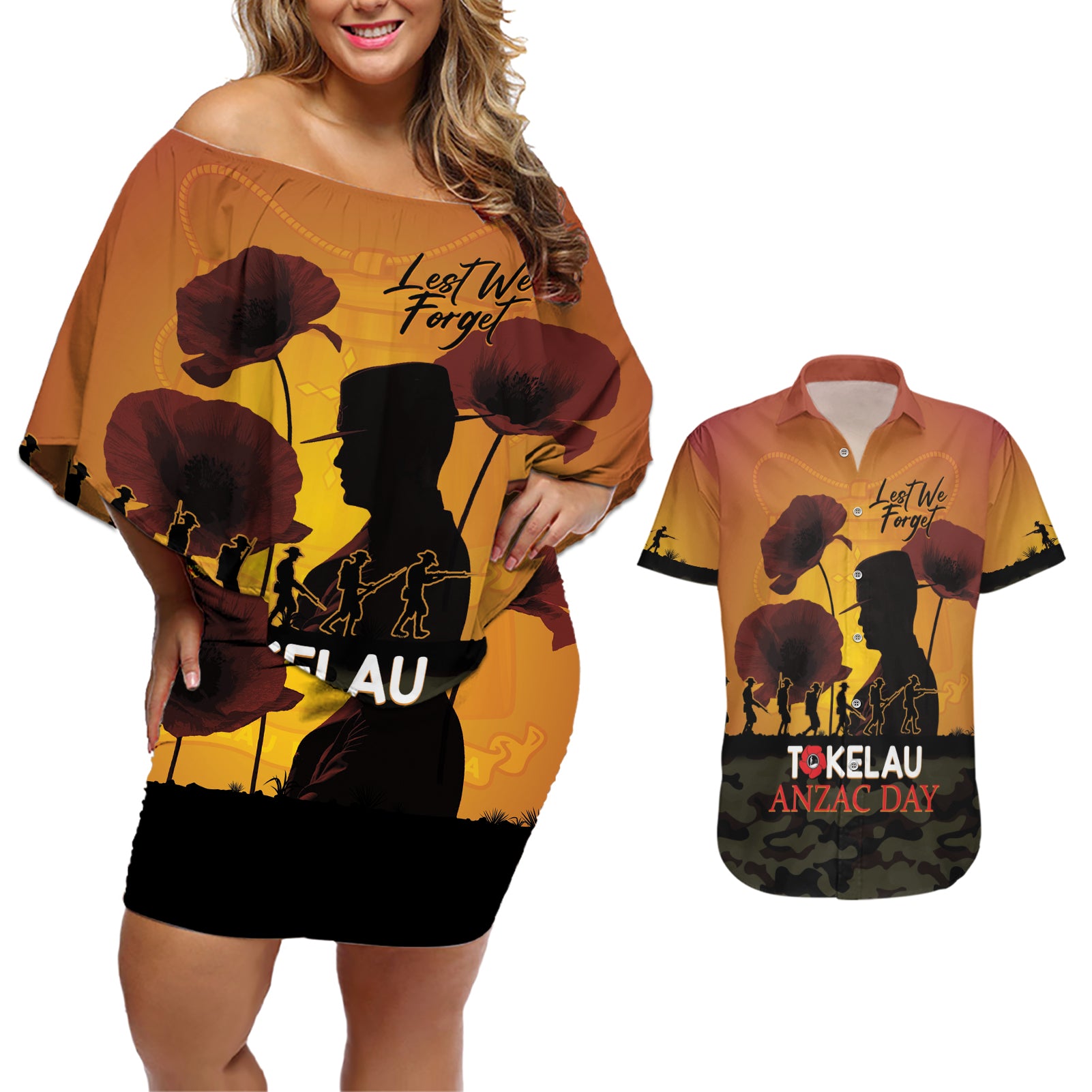 Tokelau ANZAC Day Couples Matching Off Shoulder Short Dress and Hawaiian Shirt Camouflage With Poppies Lest We Forget LT14 Yellow - Polynesian Pride