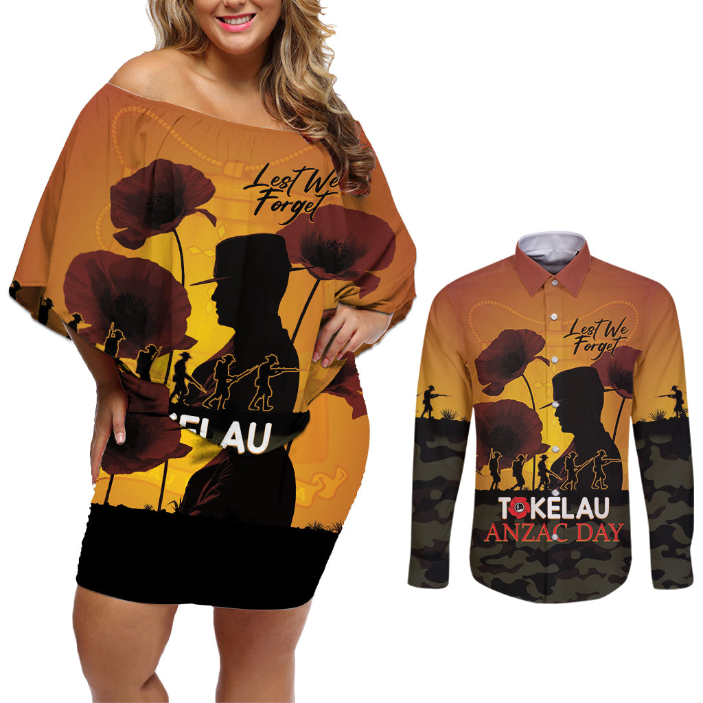 Tokelau ANZAC Day Couples Matching Off Shoulder Short Dress and Long Sleeve Button Shirt Camouflage With Poppies Lest We Forget LT14 Yellow - Polynesian Pride