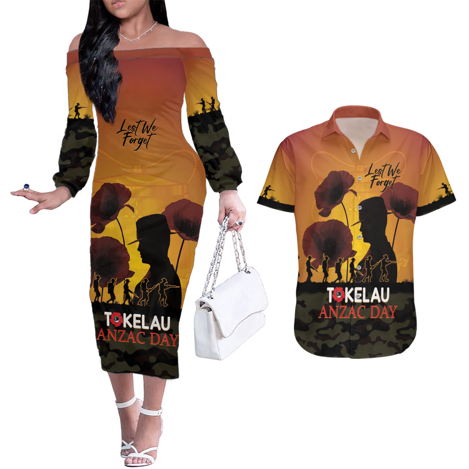 Tokelau ANZAC Day Couples Matching Off The Shoulder Long Sleeve Dress and Hawaiian Shirt Camouflage With Poppies Lest We Forget LT14 Yellow - Polynesian Pride
