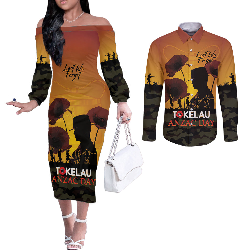 Tokelau ANZAC Day Couples Matching Off The Shoulder Long Sleeve Dress and Long Sleeve Button Shirt Camouflage With Poppies Lest We Forget LT14 Yellow - Polynesian Pride