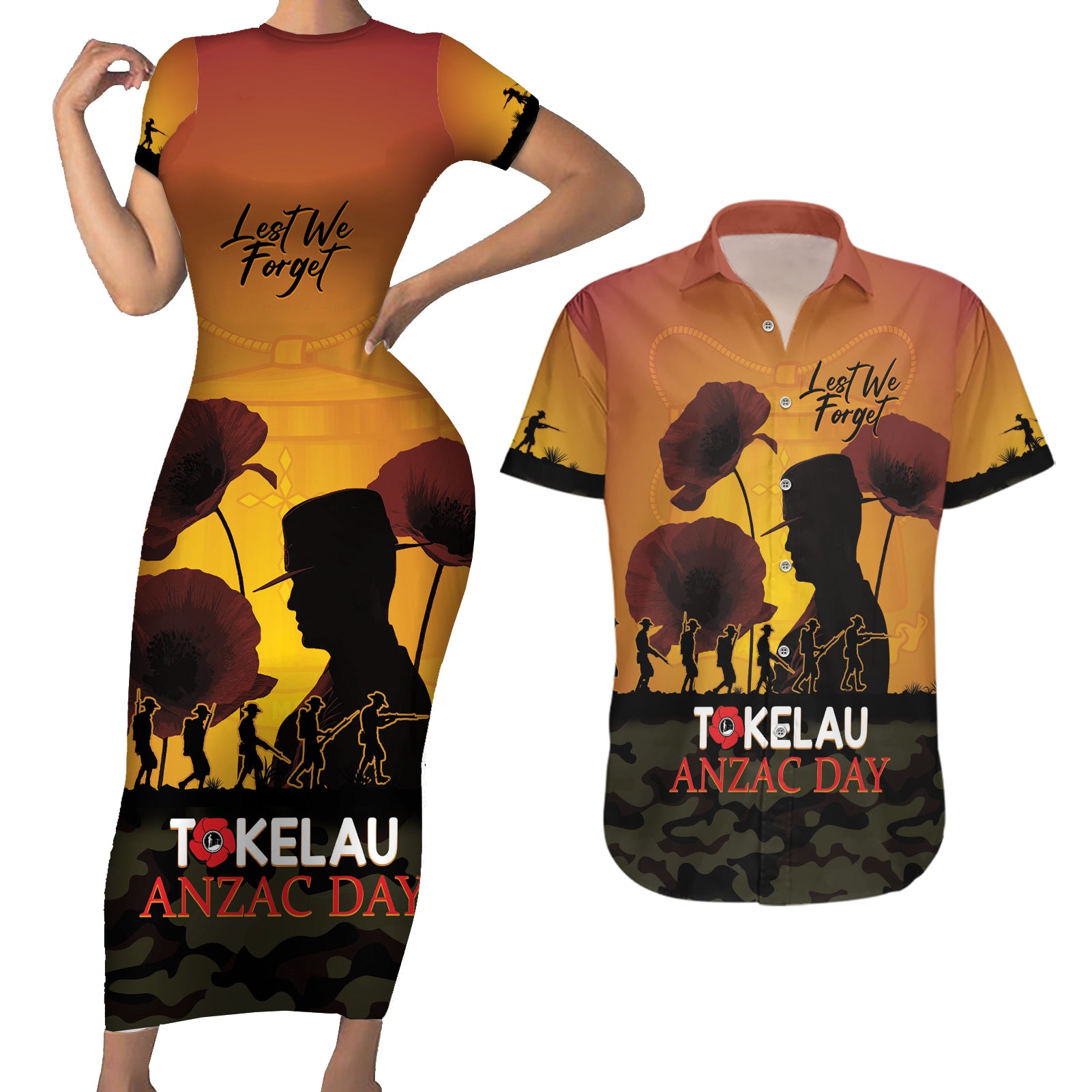 Tokelau ANZAC Day Couples Matching Short Sleeve Bodycon Dress and Hawaiian Shirt Camouflage With Poppies Lest We Forget LT14 Yellow - Polynesian Pride