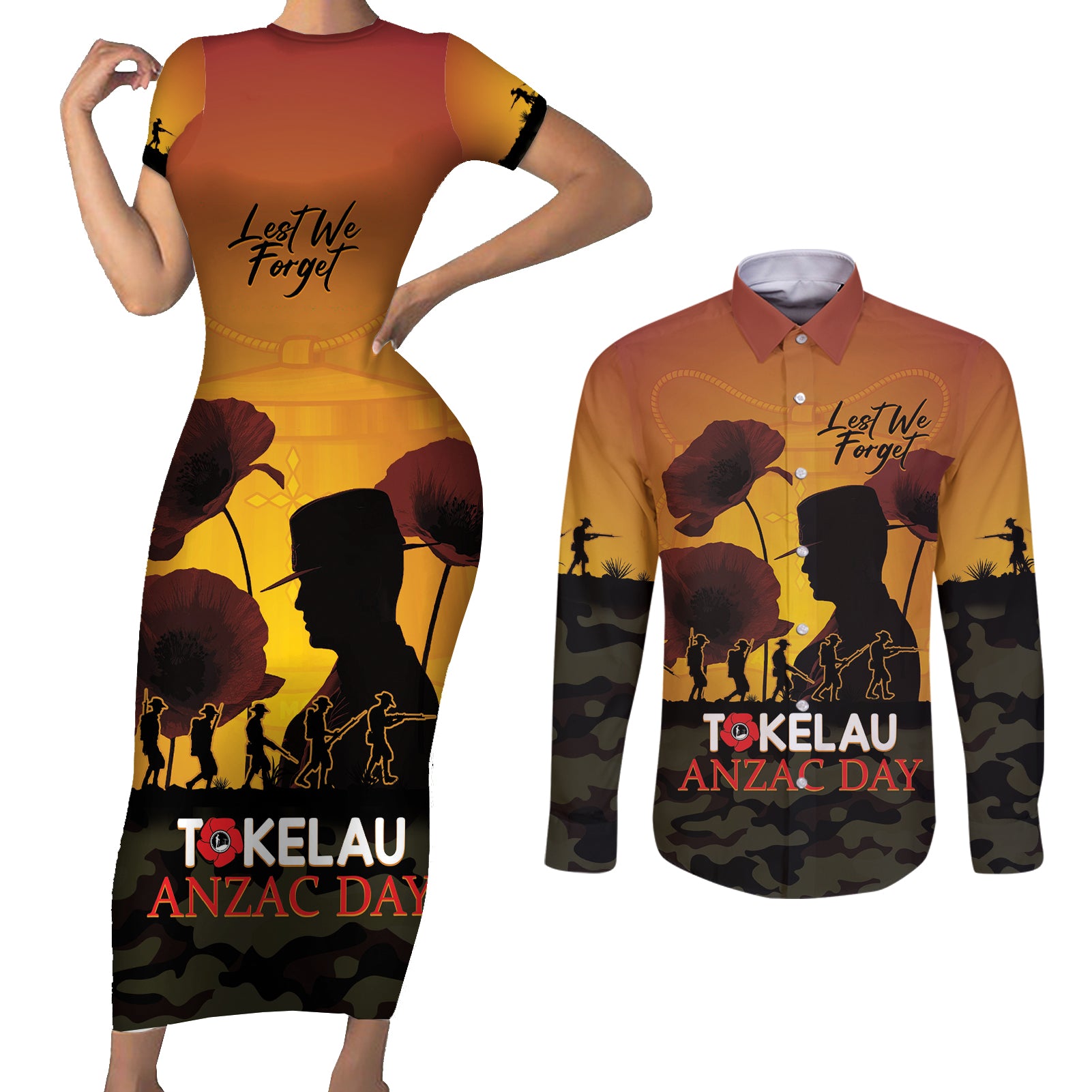 Tokelau ANZAC Day Couples Matching Short Sleeve Bodycon Dress and Long Sleeve Button Shirt Camouflage With Poppies Lest We Forget LT14 Yellow - Polynesian Pride
