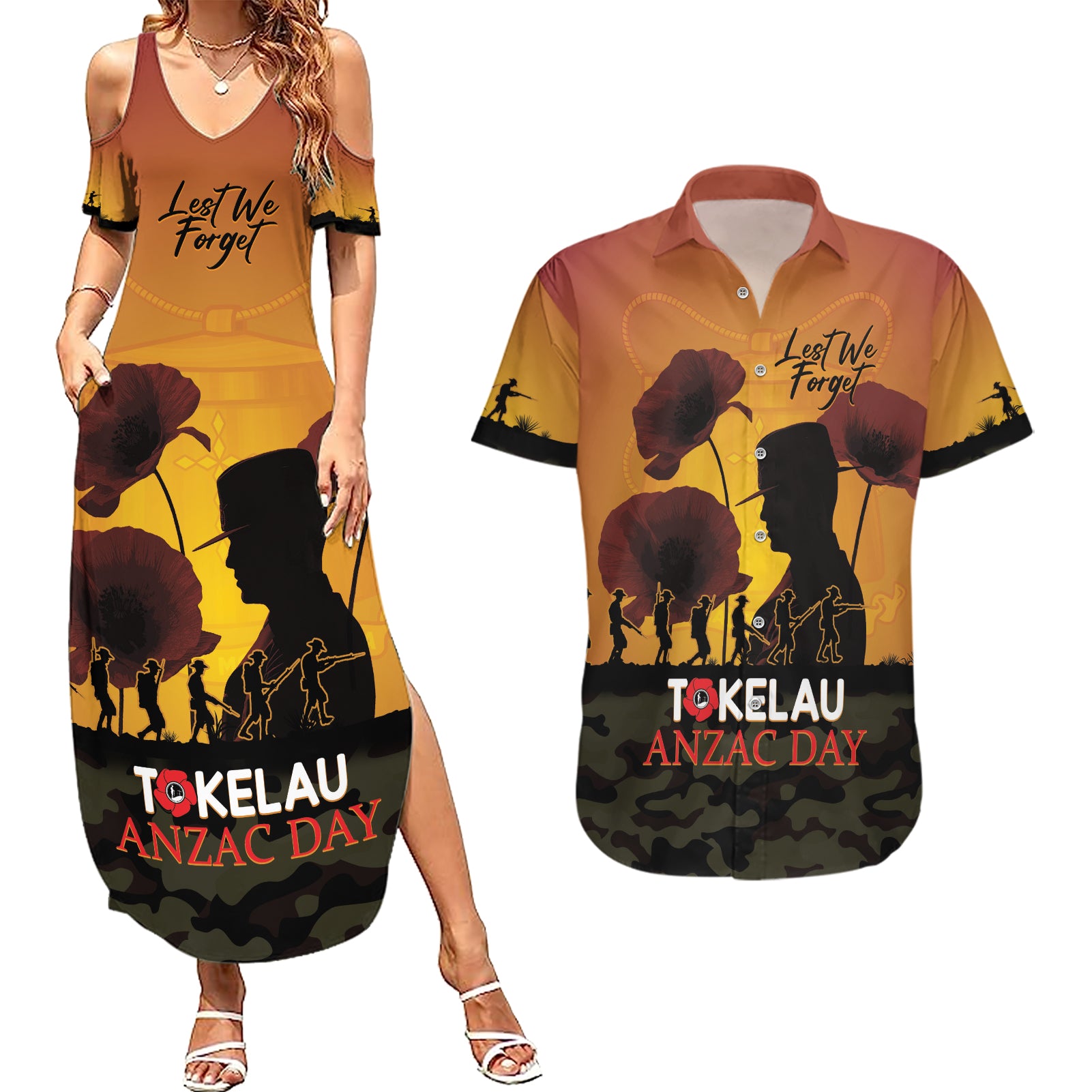 Tokelau ANZAC Day Couples Matching Summer Maxi Dress and Hawaiian Shirt Camouflage With Poppies Lest We Forget LT14 Yellow - Polynesian Pride
