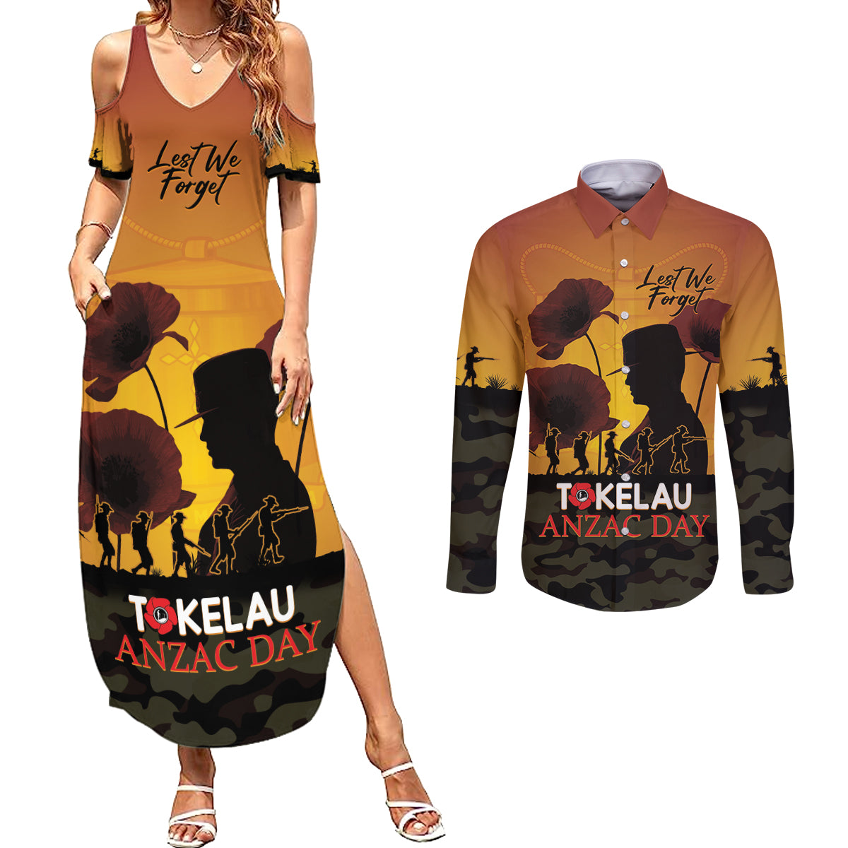 Tokelau ANZAC Day Couples Matching Summer Maxi Dress and Long Sleeve Button Shirt Camouflage With Poppies Lest We Forget LT14 Yellow - Polynesian Pride