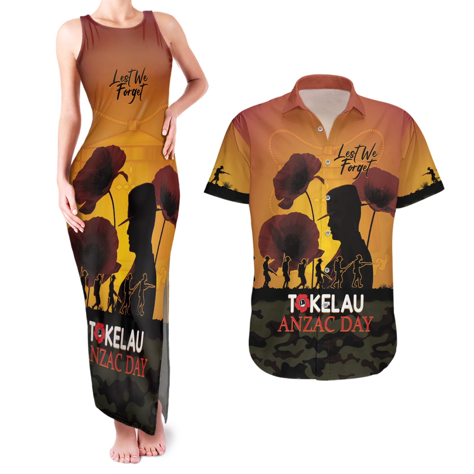 Tokelau ANZAC Day Couples Matching Tank Maxi Dress and Hawaiian Shirt Camouflage With Poppies Lest We Forget LT14 Yellow - Polynesian Pride
