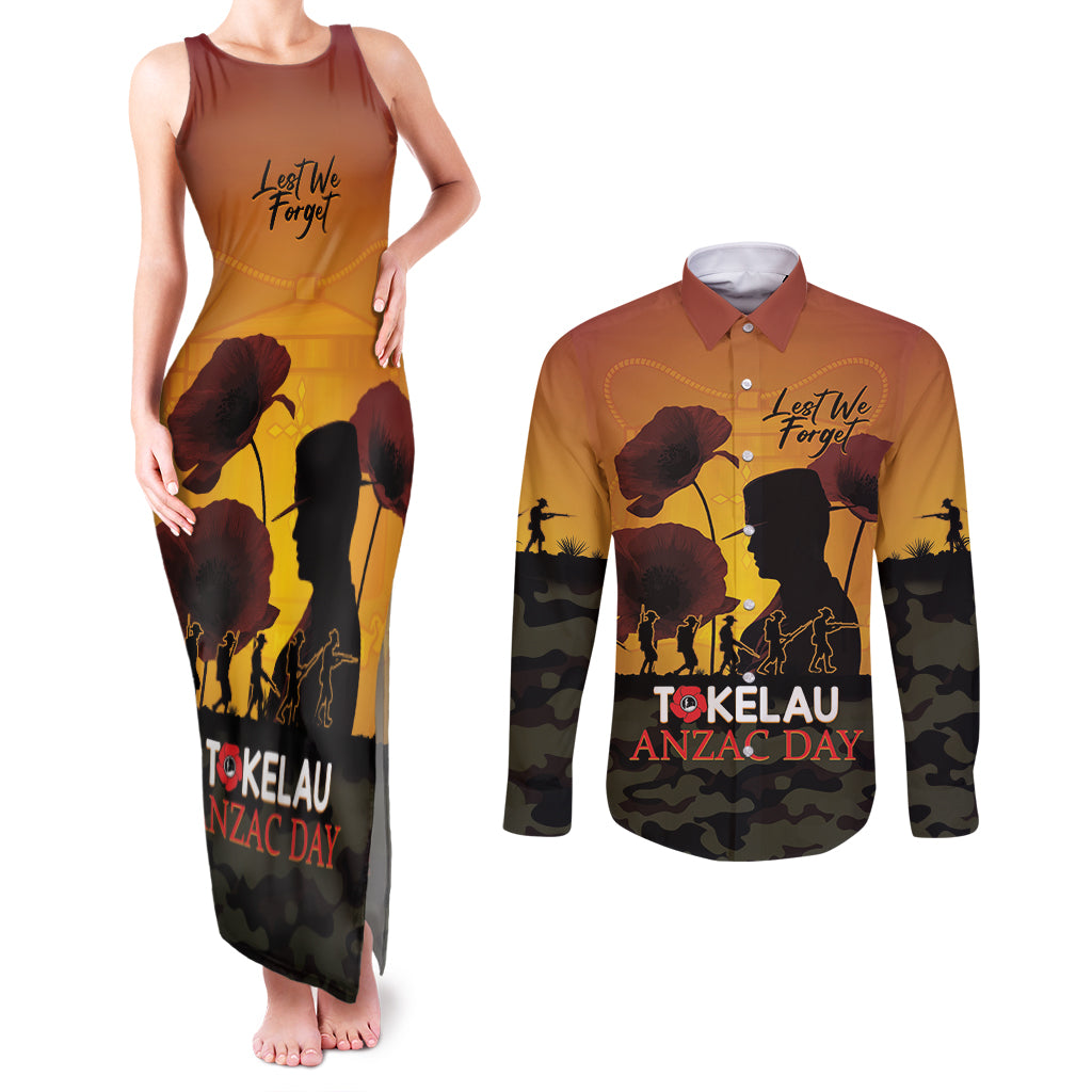 Tokelau ANZAC Day Couples Matching Tank Maxi Dress and Long Sleeve Button Shirt Camouflage With Poppies Lest We Forget LT14 Yellow - Polynesian Pride